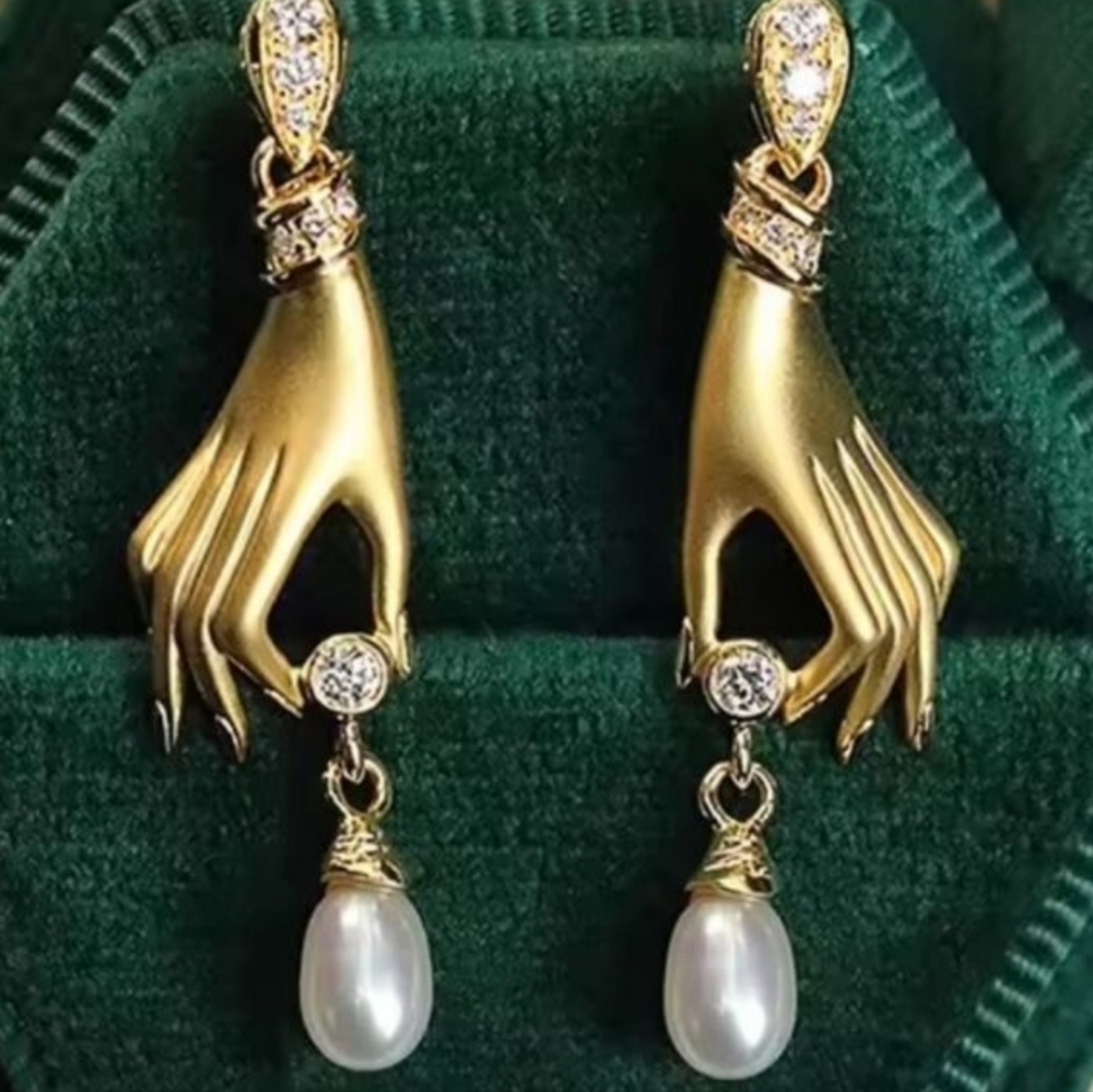 New! Gold Hand Hamsa High Gloss crystal pearl earrings 2005b• NWOT